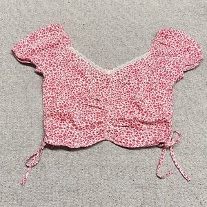 Red Floral Crop Top with Side Ties and Fitted Back; Girly
